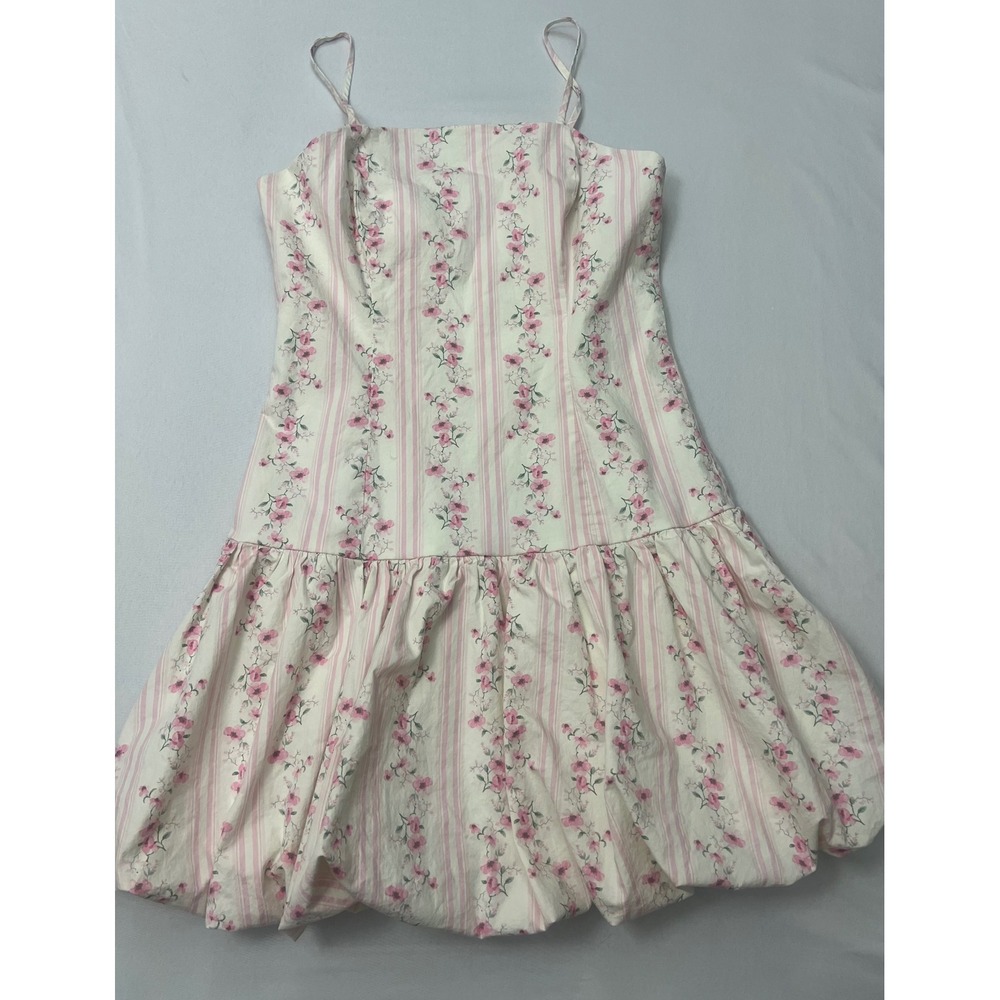 Thirty Thirty LA Floral Bubble Hem Dress Pink White Striped Cotton Size L
